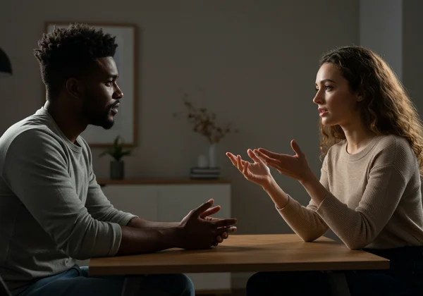 Couple having a calm, empathetic conversation, open body language.