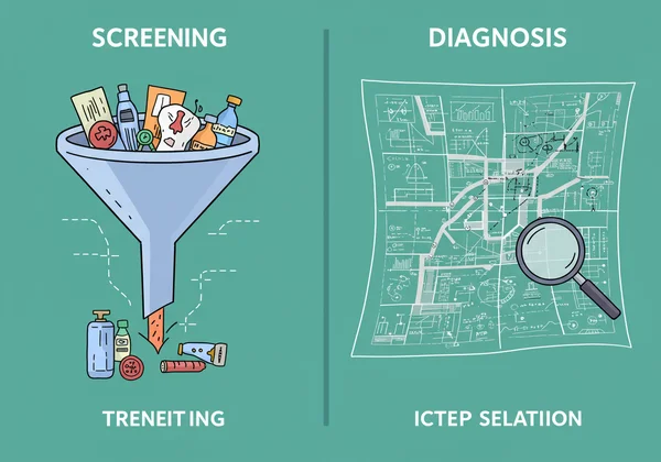 Visual metaphor: funnel for screening, detailed map for diagnosis