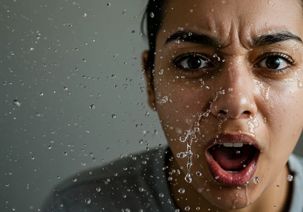 Person applying cold water to face for emotional relief.