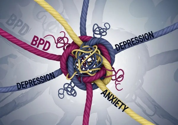 Three intertwined threads representing BPD, depression, anxiety