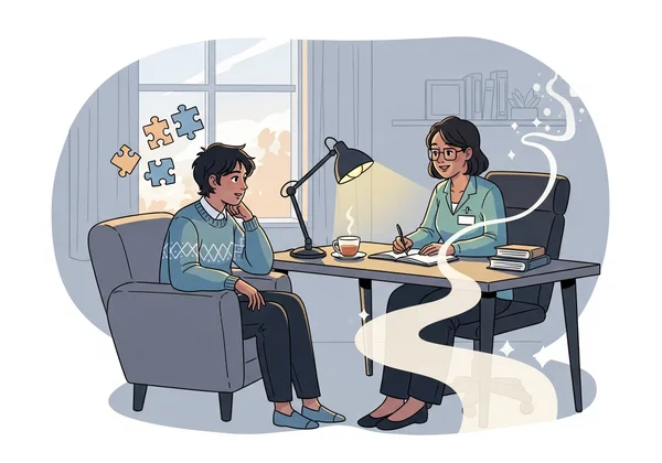 Person interacting with a mental health professional for diagnosis