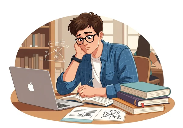 A student looking thoughtful while studying in a library or campus setting