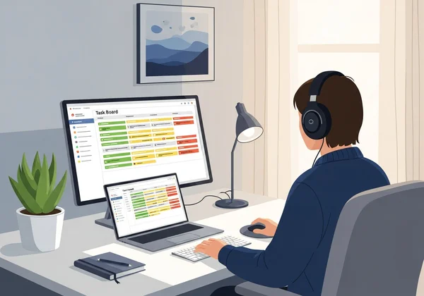 canceling headphones and a clear task board