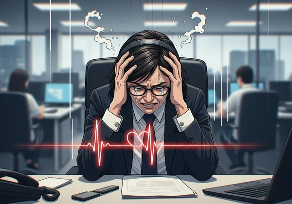 A person looking overwhelmed and stressed in a busy office setting