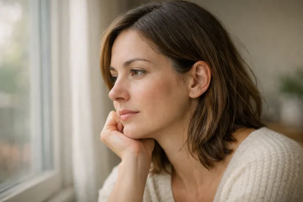 A thoughtful woman reflecting near a window, symbolizing the exploration of BPD causes